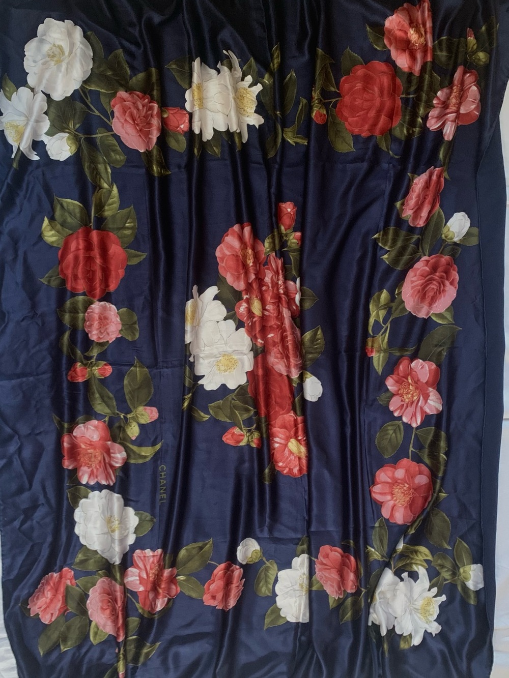 CHANEL SILK LARGE SCARF WRAP NAVY COCO GARDENIA FLORAL